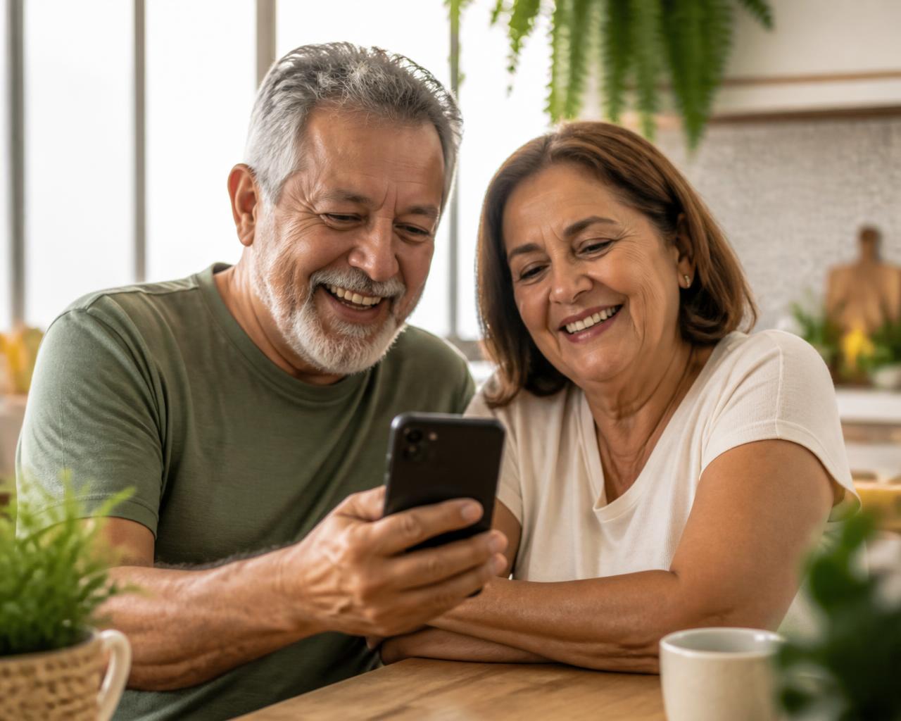 Casal de aposentados sorrindo enquanto consulta o celular